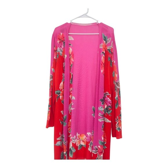 CHICOS Womens 2 Red & Pink Floral Long Sleeve Open Cardigan Kimono Long Duster - Picture 10 of 14